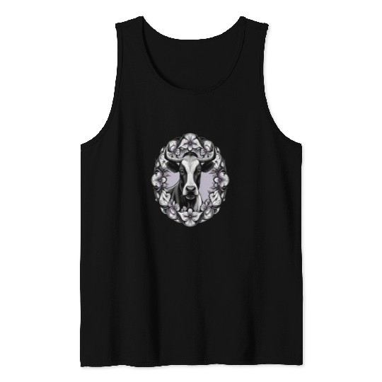Cow Pet Dairy Cow Surrounded By A Wreath Of Wood Violet Tattoo Art Tank Tops
