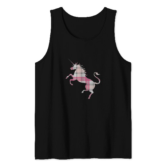 Unicorn Pet Pink White and Grey Tartan Scottish Unicorn Silhouette Tank Tops