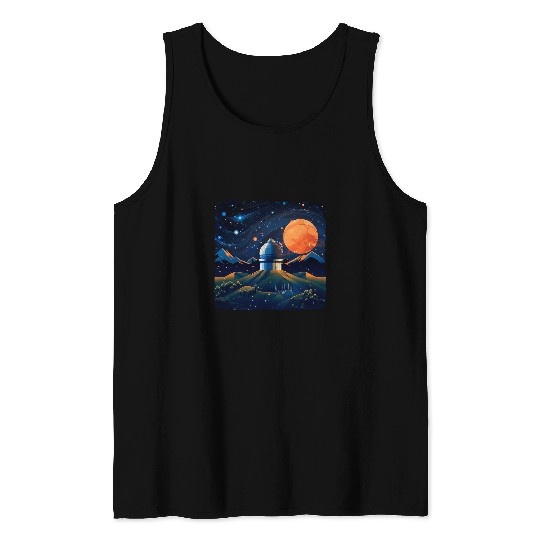 Telescope Station with big red Moon for Boys and Girls Tank Tops
