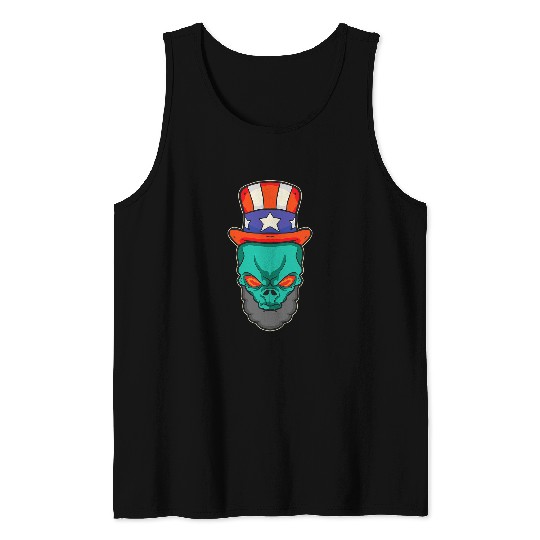 Aliens UFO Abraham Lincoln USA Flag Funny 4th of July Tank Tops