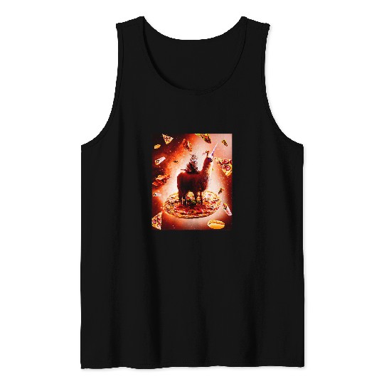 Llama Pet Outer Space Cat Riding Llama Unicorns Pizza Tank Tops