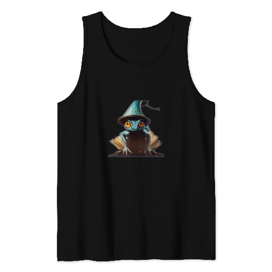Book Fun Anthromorphic Tiny Wizard Lizard Wizard Hat Magic Tank Tops