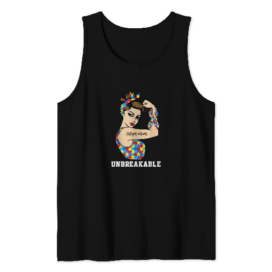 Autism Puzzle Mom Unbreakable Rosie The Riveter Strong Woman Power Tank Tops