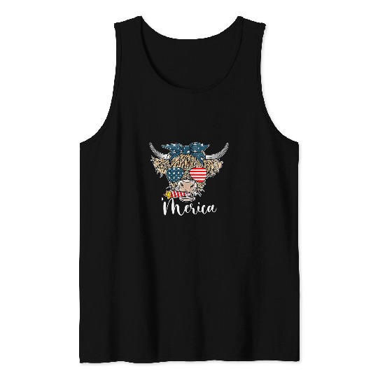Cow Pet merica highland cow with bandana patriotic 4th of july Tank Tops