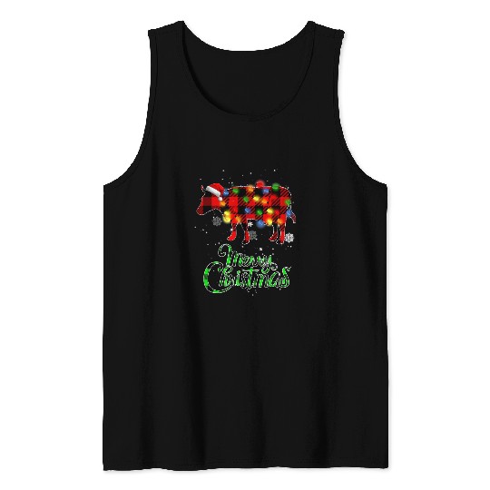 Cow Pet Merry Christmas Light Tree Plaid xmass Santa Tank Tops
