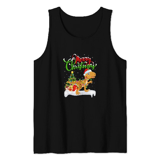Dinosaur Pet Lover xmass Lighting Santa Tyrannosaurus Christmas Tank Tops