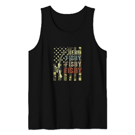 Fishing Fun Here Fishy Bass Fish Dad Gift Funny Fishing Tank Tops