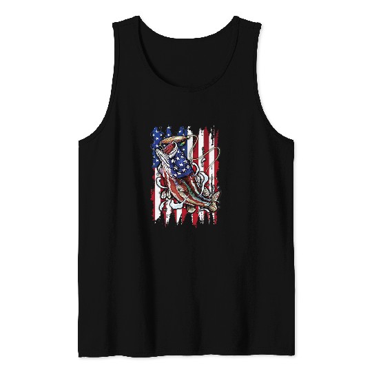 Fishing Fun Patriotic Bass Fishing 4th of July USA Flag Men Women Tank Tops