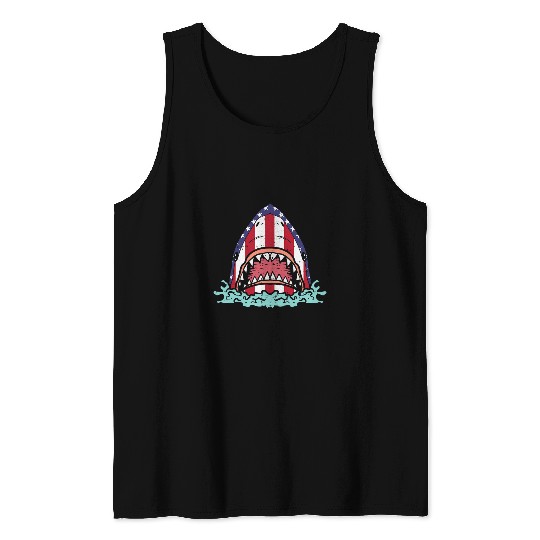 Shark Pet US Flag Shark Head 4th Of July Patriotic Men Women Boys Kids Tank Tops