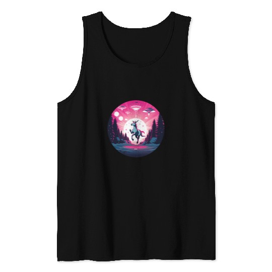 Unicorn Pet round midnight sunset with ufo alien abduction Tank Tops