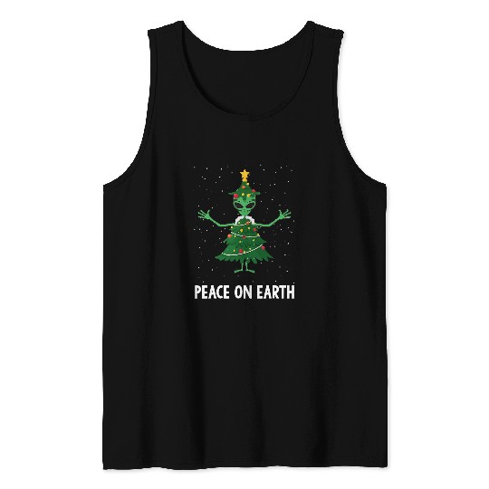 Aliens UFO Peace On Earth Funny Alien Christmas Tree xmass Costume Tank Tops