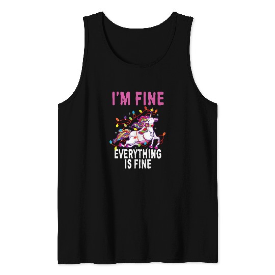 Unicorn Pet Funny Christmas Lights Im Fine Everything Is Fine Tank Tops