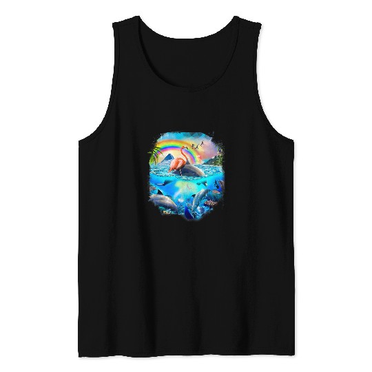 Dolphin Pet Gift Flamingo Riding Dolphin Rainbow Dolphins Tank Tops