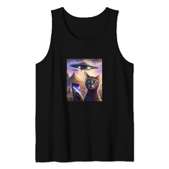 Aliens UFO Funny Cat Selfie Galaxy Cat Tank Tops