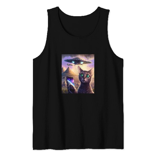 Aliens UFO Funny Cat Selfie Galaxy Cat Tank Tops