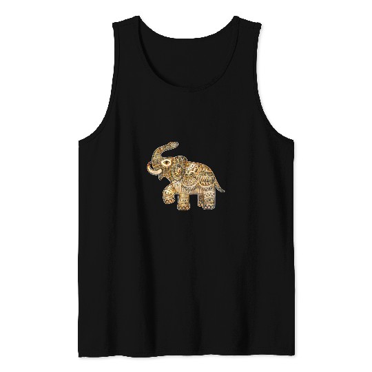 Elephant Mammal Painted Tribal Elephant in Golden Silver and Cream Tank Tops