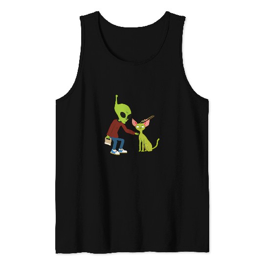 Aliens UFO Petting A Cat For Cat Mom Dad Pet Lovers Costume 43 Tank Tops