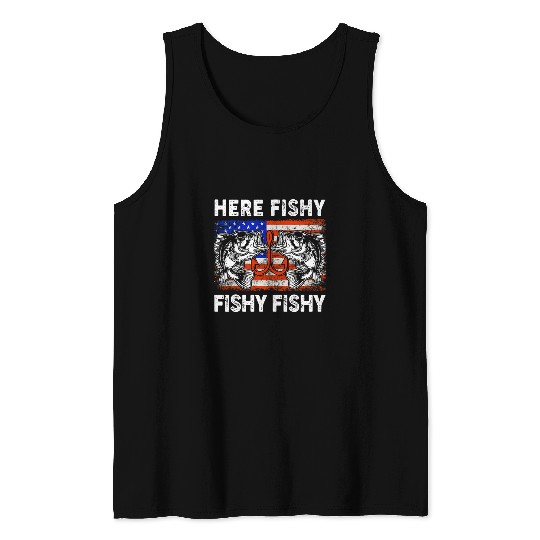 Fishing Fun HereFishy Funny Fishing Dad Bass Fish American Flag Tank Tops
