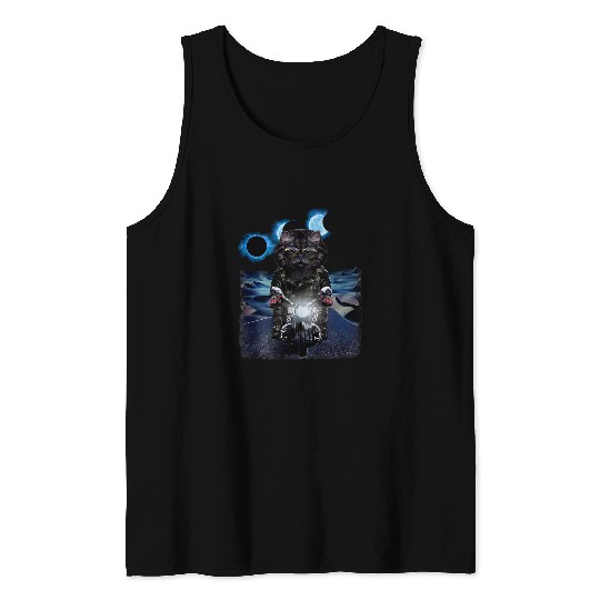 Black Tabby Cat Riding Motorcycle Cruising Desert Eclipse Tank Tops