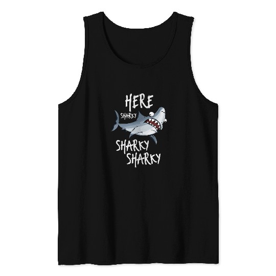 Fishing Fun Here Sharky Fisherman Shark Fin Deep Sea Fishing Rod Angler Tank Tops