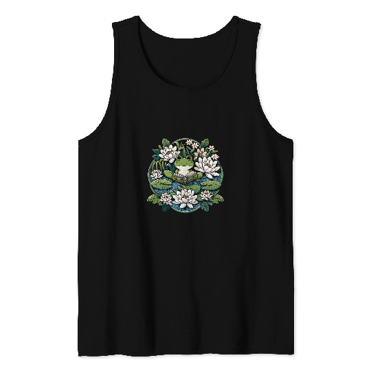 Frog Pet Cottagecore BookLoving Frog in Water Lily Pond Cute Tank Tops