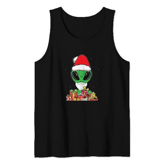 Aliens UFO Bearded Santa Alien Christmas Holiday Santa Hat Presents Tank Tops
