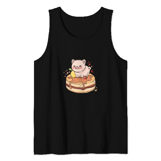 Pig Pet On A Cake With Brown Topping Cute Kawaii Anime Pork Tank Tops