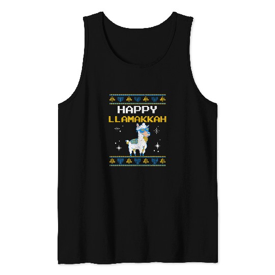 Llama Pet Funny Hanukkah Llama Pun Happy Llamakkah Jewish Ugly Sweater Tank Tops