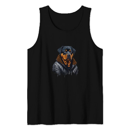 Rottweiler Pet Cute Funny Black Rottweiler Dog Wearing Leather Clothes Tank Tops