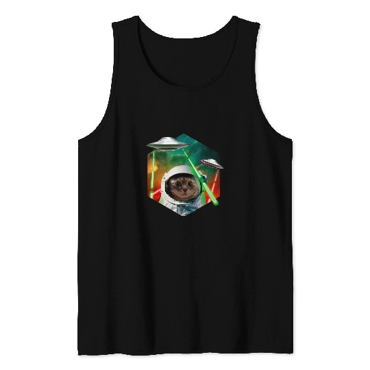 Aliens UFO Funny Laser Cat Astronaut Space Cat With Alien UFO Spaceship Tank Tops