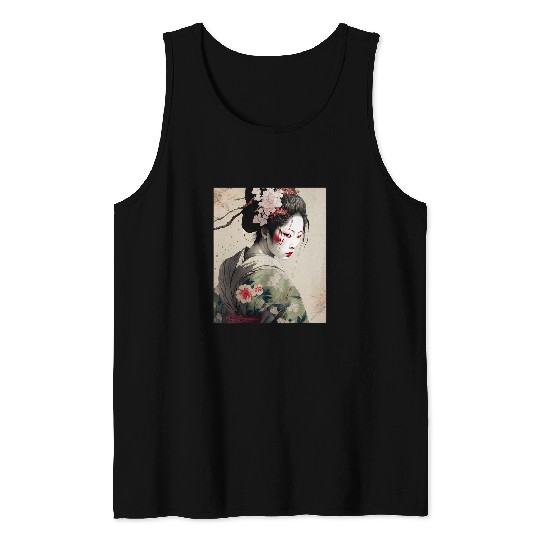 Beautiful Japanese Dark Geisha Sakura Blossoms Kimono Tank Tops