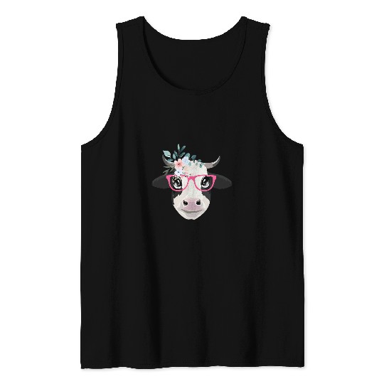 Cow Pet Face With Pink Glasses 2Flowers Funny Cow Lovers Tank Tops