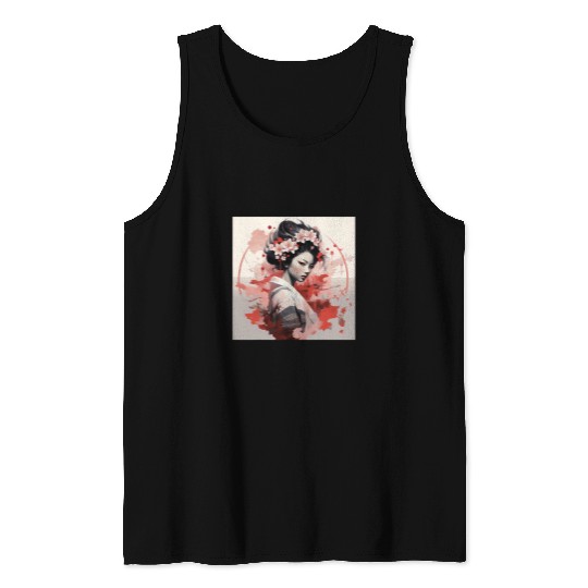 Artistic Fusion Geisha and Cherry Blossom in Futurism Tank Tops