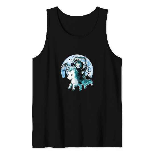 Unicorn Pet funny grim reaper riding unicorn Halloween Moon Silhouette Tank Tops