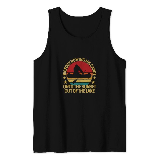 Bigfoot Pet Rowing His Canoe Into the Sunset Canoeing Sasquatch Tank Tops