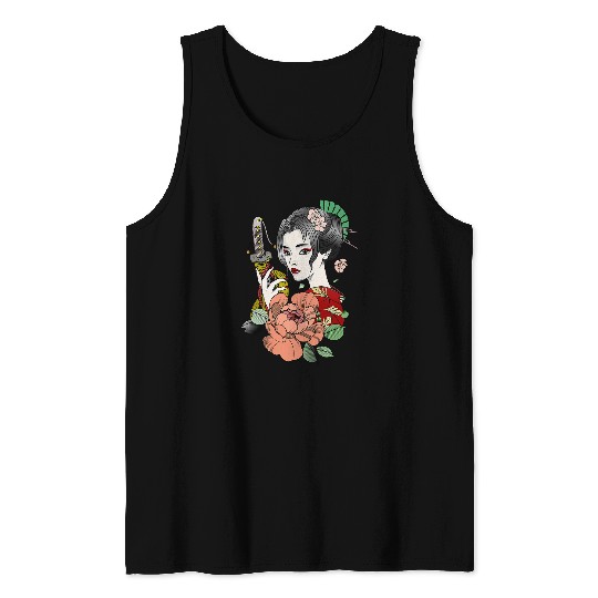 Geisha Holding Katana vintages Japanese Women Girl in Kimono Tank Tops