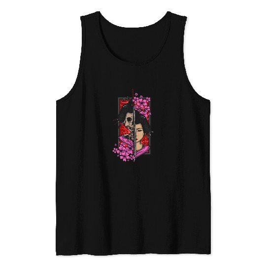 Geisha with katana and sakura cherry blossom samurai Tank Tops