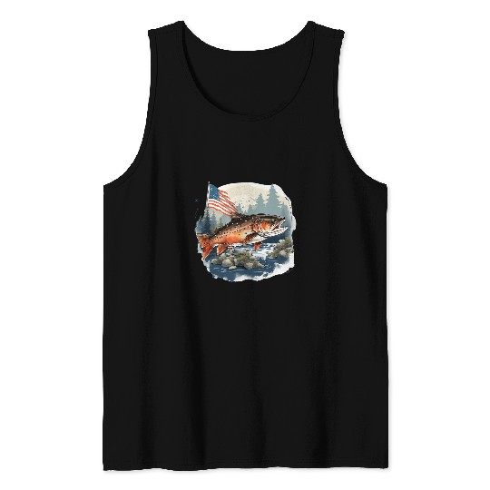 Fishing Fun American US Flag With Fly Fishing Brook Trout Fish 7 Tank Tops