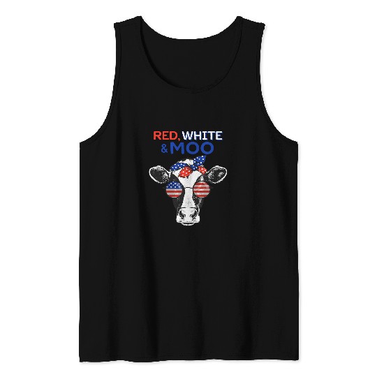 Cow Pet Patriotic Cow USA Flag Funny 4th of July Red White and Moo Tank Tops