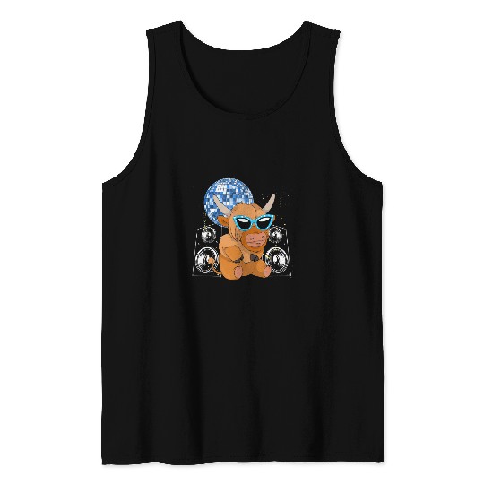 Cow Pet Party Animal Music Player Disco Funny Scottish Highland Cow Tank Tops