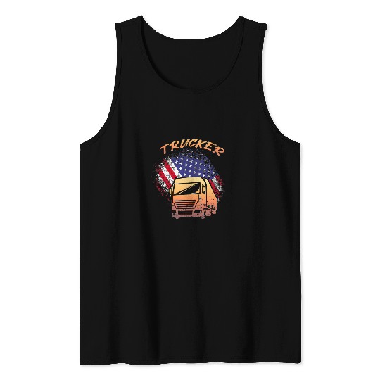 Truck Fun Driver 18 Wheeler Trailer Truck USA Flag Tank Tops