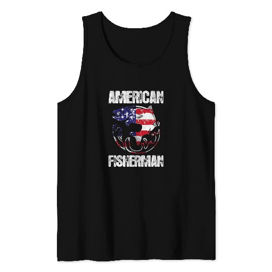 Fishing Fun American USA Flag Fish Fishermen Tank Tops