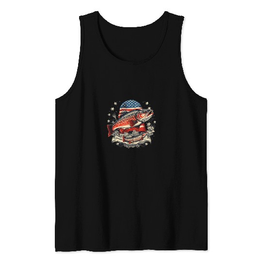 Fishing Fun American US Flag With Fly Fishing Brook Trout Fish 18 Tank Tops