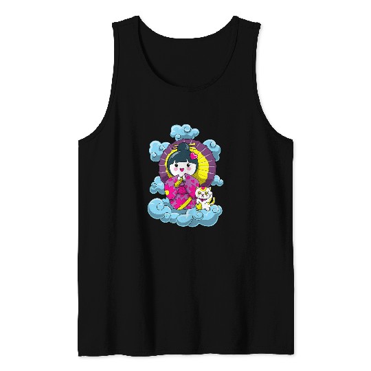 Kawaii Kokeshi Geisha Doll and Japanese Lucky Cat Tank Tops