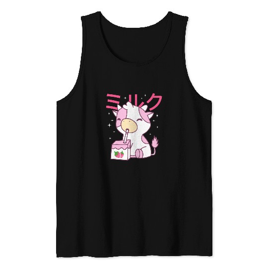 Cow Pet Strawberry Milk Drinking Cute Kawaii Cow Tank Tops