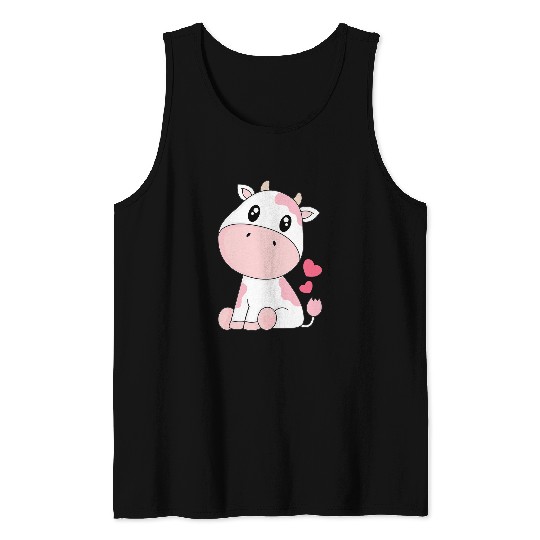 Cow Pet Cute Pink Strawberry Cow Print Kawaii Pattern Animal Tank Tops