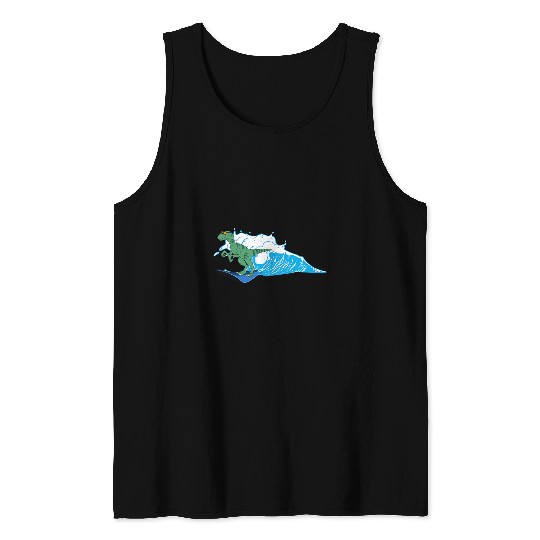 Dinosaur Pet Surf Velociraptor Surfing Funny Dinosaur on Surfboard Tank Tops