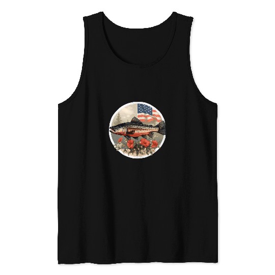 Fishing Fun American US Flag With Fly Fishing Brook Trout Fish 20 Tank Tops
