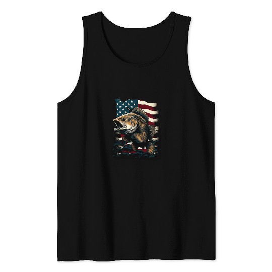 Fishing Fun American US Flag With Fishing Black Bass Fish 1 Tank Tops