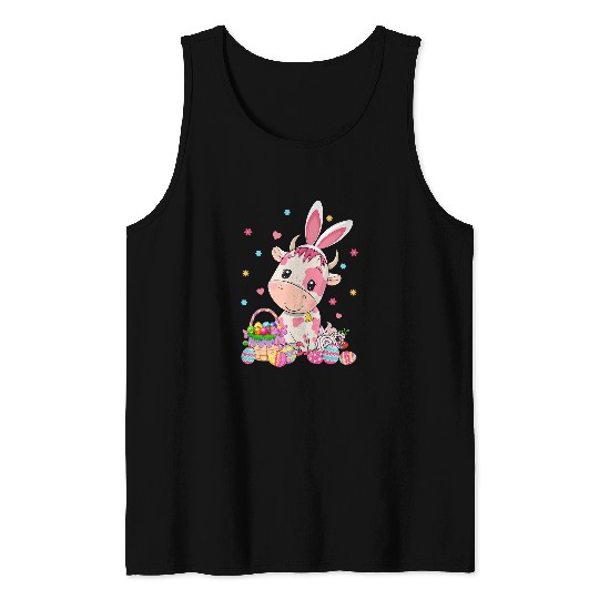 Cow Pet Cute Strawberry Cow Wearing Bunny Ear Easter Egg Basket Tank Tops